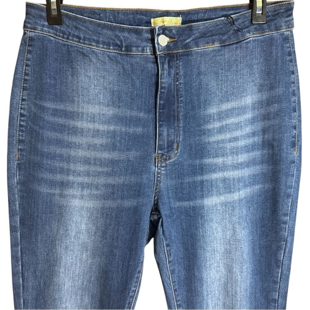 Mid Wash Distressed Knee Flare Jeans | High Rise Stretch | Raw Hem | NWT - Picture 14 of 16
